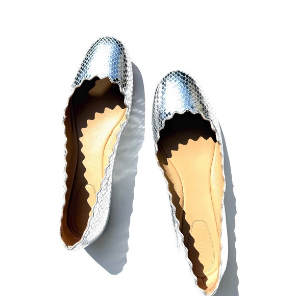 CHLOE Lauren Scalloped Ballet Silver Leather Flat Shoes 38, 7.5 - Picture 12 of 12